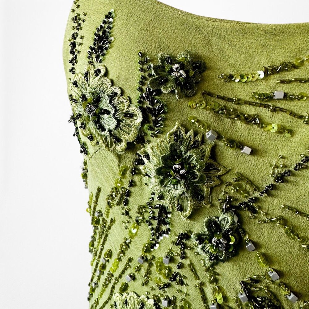 Vintage Y2K Olive Green Floral Beaded Bodycon Prom Shawl Dress Size S - Picture 17 of 17